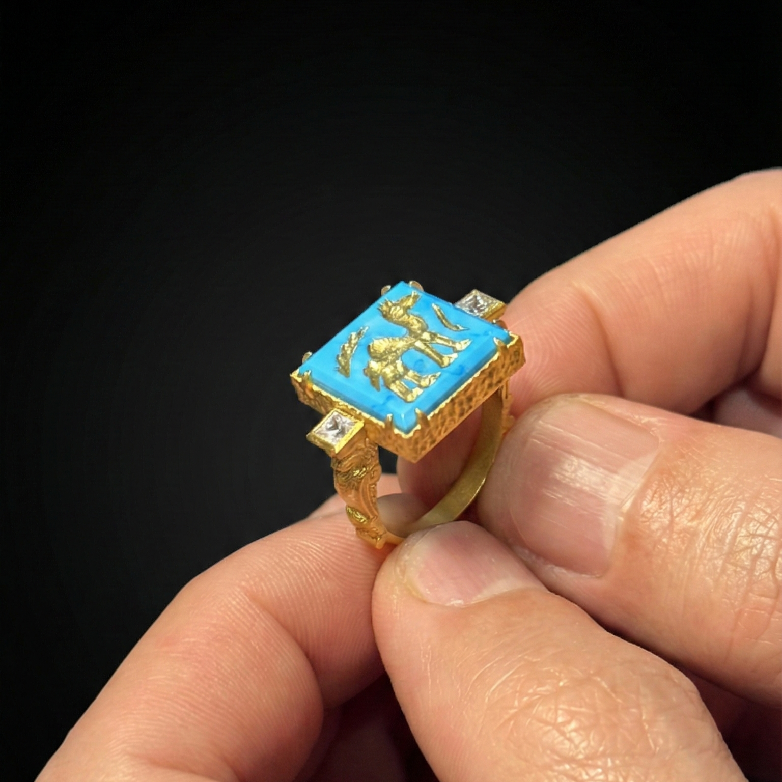 Firuze Taşlı Aslan Sütun Mühür Yüzük