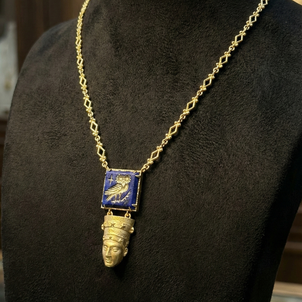 Lapis Lazuli Baykuş ve Nefertiti Büstü Madalyon Kolye