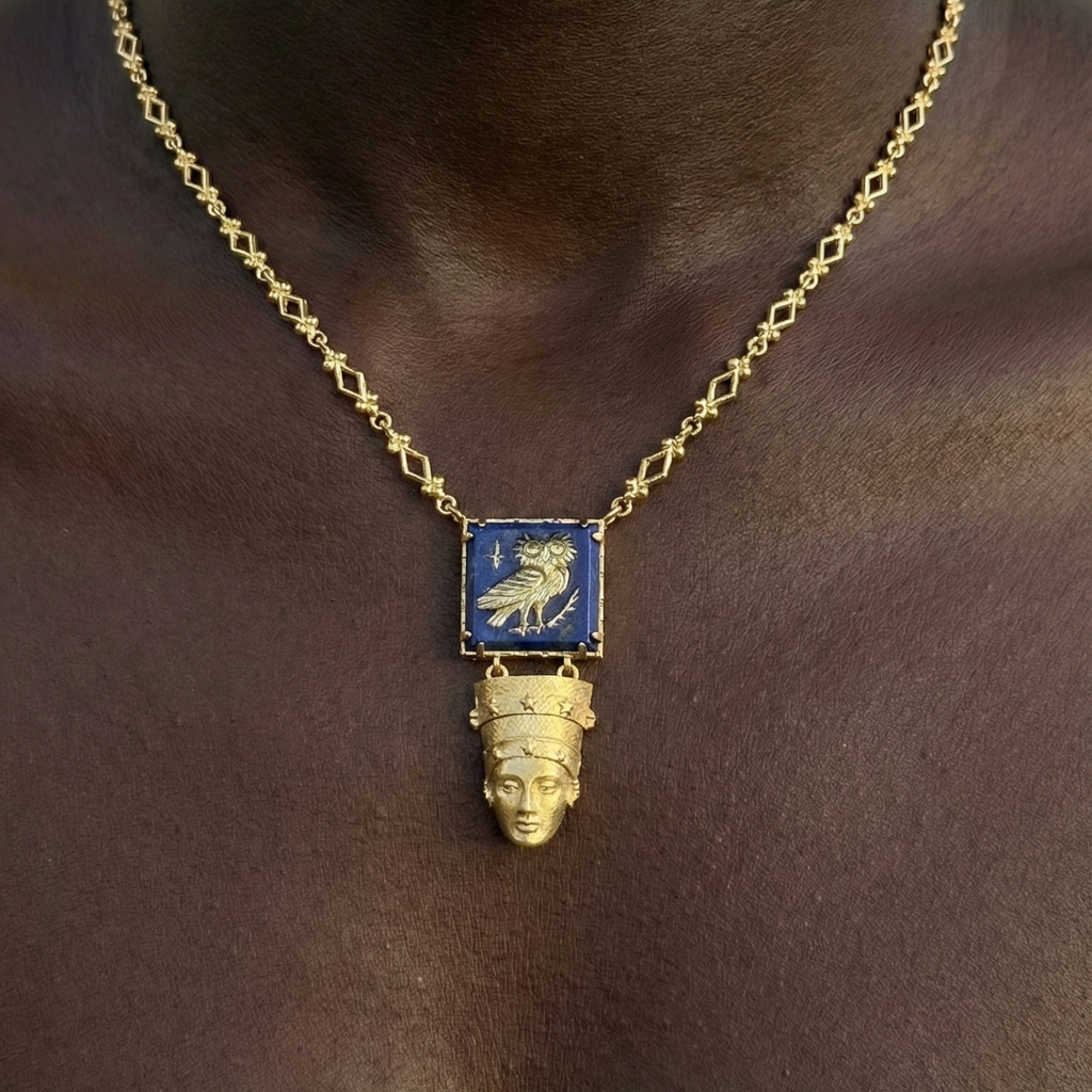 Lapis Lazuli Baykuş ve Nefertiti Büstü Madalyon Kolye